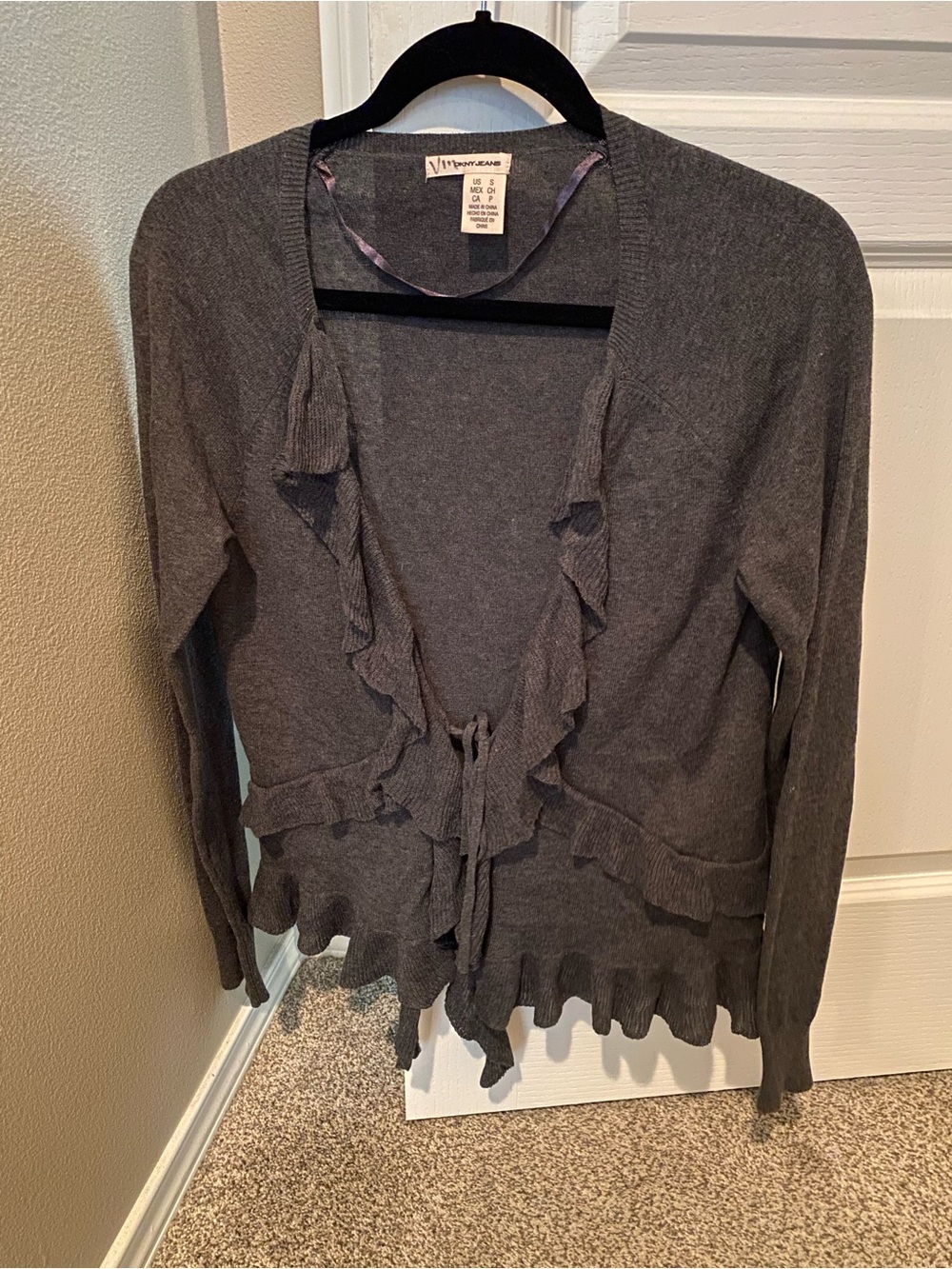 DKNY Charcoal Ruffle Tie-Front Cardigan Sweater